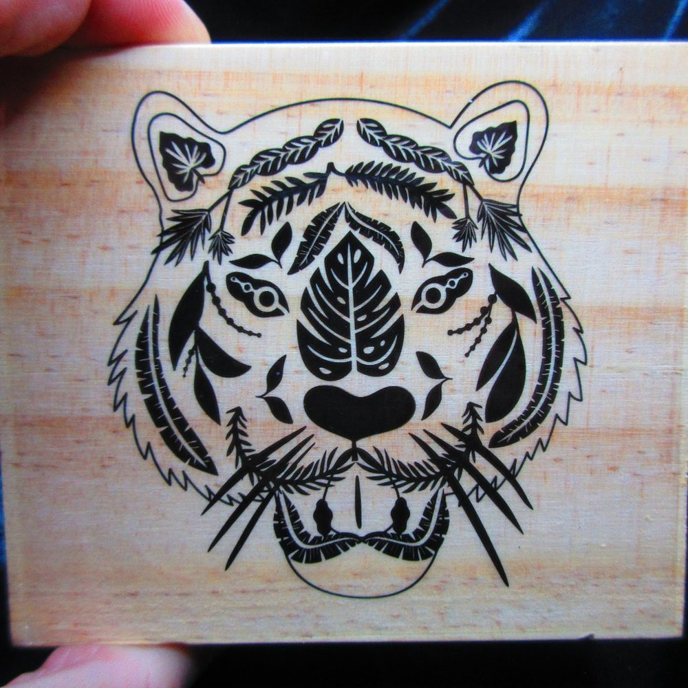 Tiger Face Wood Mounted Stamp 3.5" X 4"